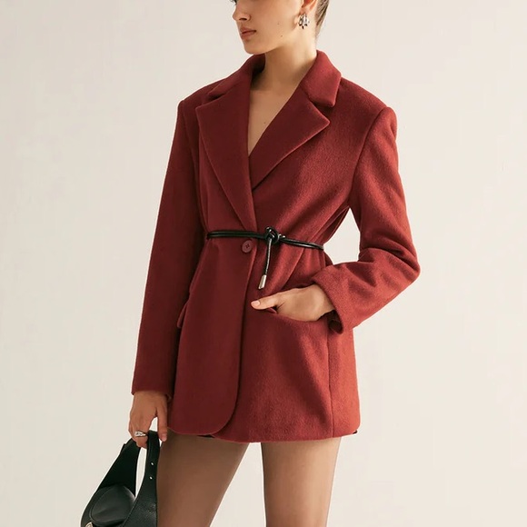 Red wool blend oversized drawstring tie belt blazer jacket - Picture 2 of 9